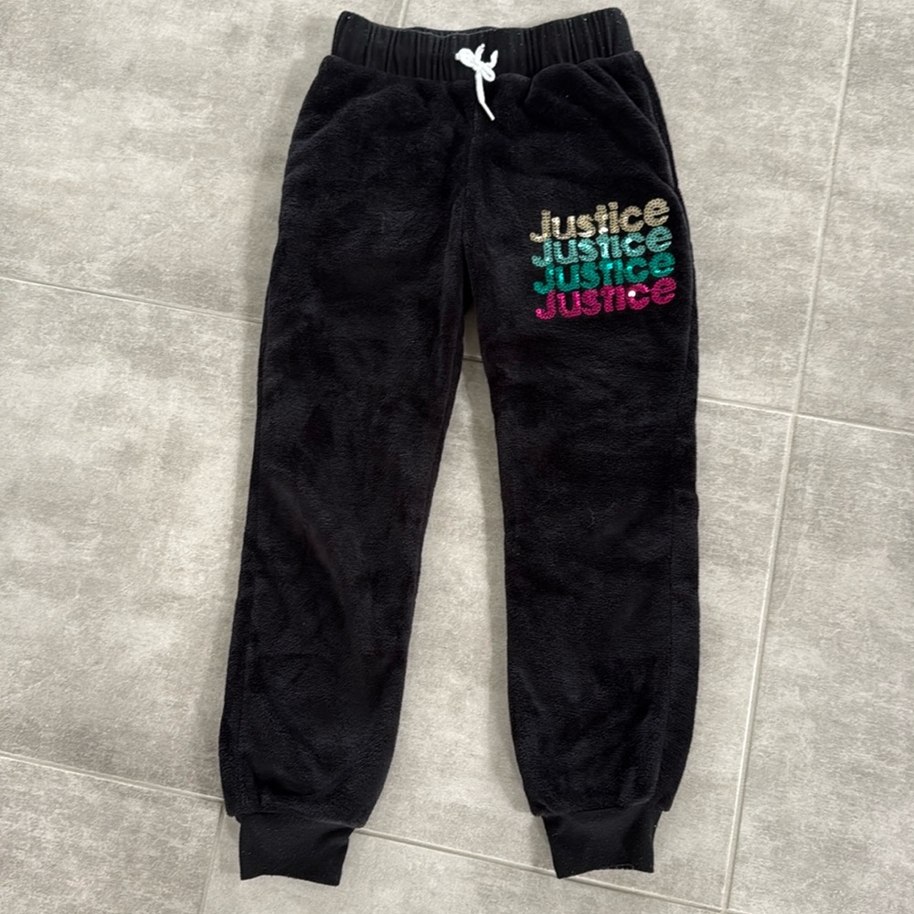 *Gently Worn* Justice Girl's Black Fuzzy Wooby Jogger Pants w/ Sequins Accent- M